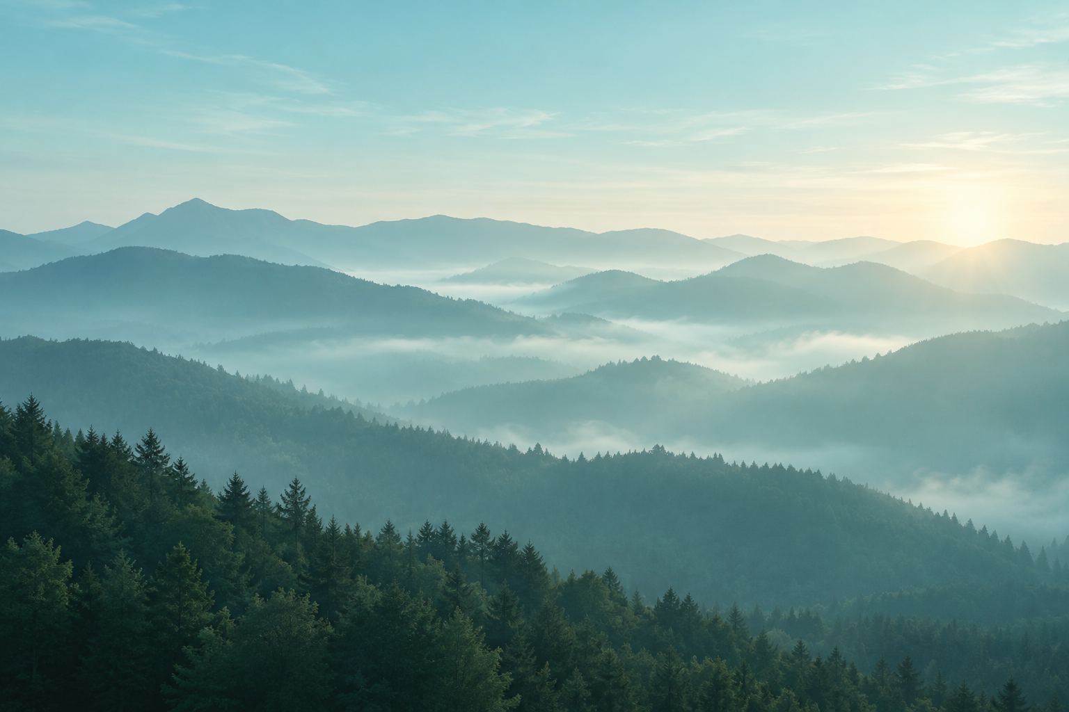 Forested mountains fading into the mist at daybreak, mood image