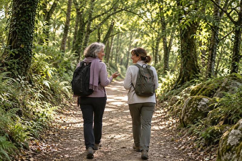 Two women talking as they walk on a path under the trees, mood image
