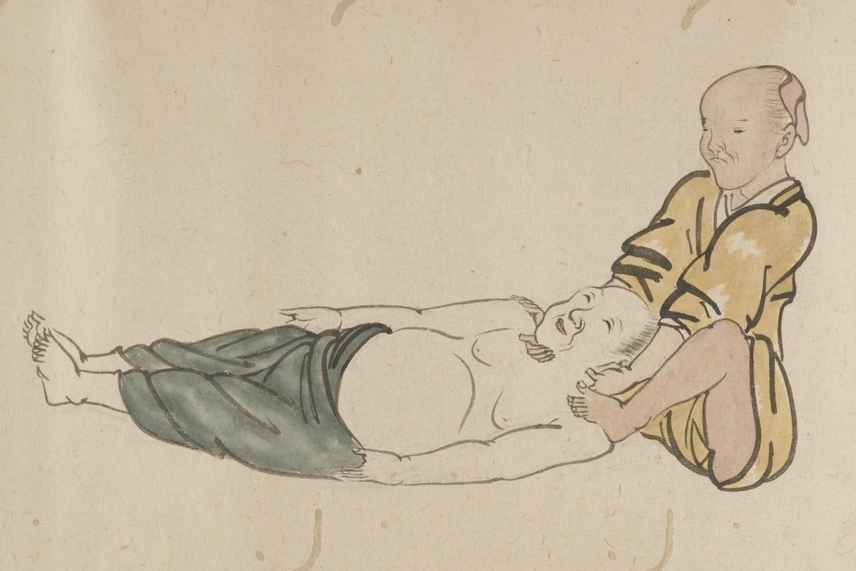 Une peinture ancienne : une personne assise masse les épaules d'une autre, allongée sur le dos